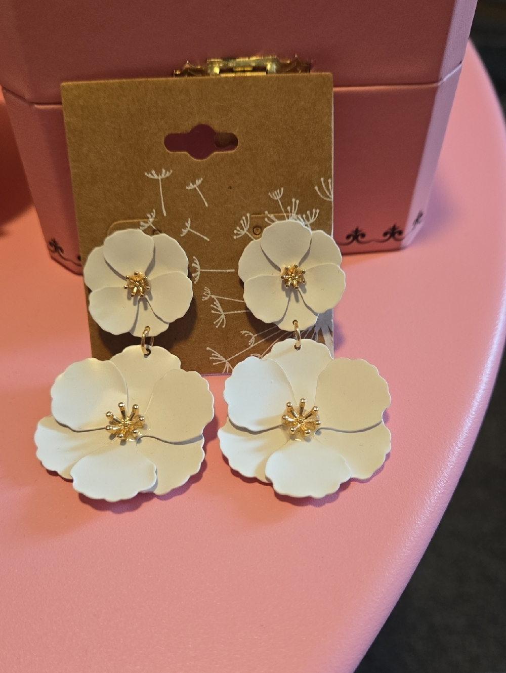 White Floral Drop Earrings with Gold Center